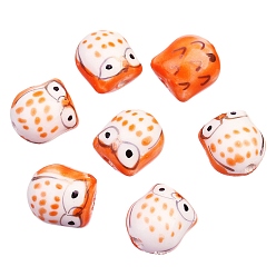 Dark Orange Pearlized Handmade Porcelain Beads, Owl, Dark Orange, 15x16mm, about 10pcs/bag