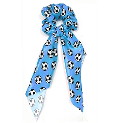 Deep Sky Blue Football Pattern Satin Cloth Elastic Hair Ties, Ponytail Holder, for Women Girls, Deep Sky Blue, 350mm