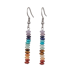 Stainless Steel Color Natural & Synthetic Mixed Gemstone Rondelle Beaded Dangle Earrings, Chakra Theme Long Drop Earrings, Stainless Steel Color, 53x4.5mm