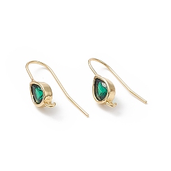 Green Real 18K Gold Plated Brass Earring Hooks, with Cubic Zirconia and Vertical Loops, Teardrop, Cadmium Free & Nickel Free & Lead Free, Green, 24~25mm, Pendant: 11x6mm, Hole: 1.2mm, 20 Gauge, Pin: 0.8mm