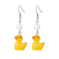 Stainless Steel Color Gold Resin Duck with Natural Pearl Beaded Dangle Earrings, 316 Surgical Stainless Steel Jewelry for Women, Stainless Steel Color, 53mm, Pin: 0.7mm