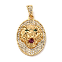 Oval Латунные микро проложить кубического циркония подвески, лев прелести, стойки покрытие, прочное покрытие, без кадмия и без свинца, реальный 18 k позолоченный, овальные, 29.5x20x9 мм, отверстие : 3x6 мм