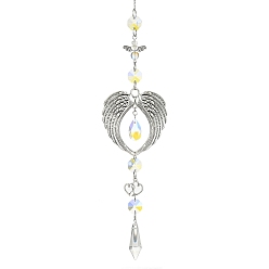 Antique Silver Glass Cone & Alloy Wing Big Pendant Decorations, with Glass Beads and 304 Stainless Steel Cable Chains, for Home Decorations, Antique Silver, 360mm