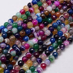 Mixed Color Natural Striped Agate/Banded Agate Beads Strands, Faceted, Dyed, Round, Mixed Color, 6mm, Hole: 1mm