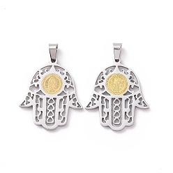 Stainless Steel Color 304 Stainless Steel Hamsa Hand/Hand of Miriam with Virgin Mary Pendants, Stainless Steel Color, Mixed Patterns, 32x28x2mm, Hole: 6x4mm