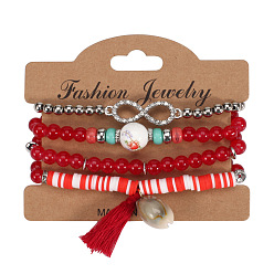 HY-2826-C Red Bohemian Multi-layer Shell Bracelet with Diamond Inlaid 8-shaped Hand Chain for Women