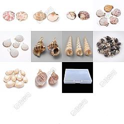 Golden 20Pcs 10 Styles Electroplated Natural Mixed Shell Pendants, Shell Shape Charms, with Iron Findings, Mixed Color, Golden, 16~52x8~54.5x3~20mm, Hole: 1~2.5mm, 2pcs/style