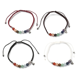 Mixed Color Stainless Steel Heart Charm Bracelet, Natural Mixed Gemstones Braided Adjustable Bracelet, Mixed Color, Inner Diameter: 2-1/4~3-1/4 inch(5.6~8.4cm)