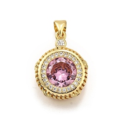 Pink Латунные микро проложить кубического циркония подвески, плоско-круглые, стойки покрытие, долговечный, без свинца и без кадмия, реальный 18 k позолоченный, розовые, 21.5x16x6 мм, отверстие : 5x3 мм
