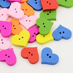 Mixed Color Wooden Buttons, Dyed, 2-Hole, Heart, Mixed Color, 17x20x4mm, Hole: 1.5mm