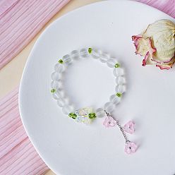 Pearl Pink Handmade Lampwork Round Beaded Bracelets, Convallaria Majalis Flower Tassel Bracelets for Women, Butterfly, Pearl Pink, 1/4 inch(0.8cm), Inner Diameter: 5-1/2~7-7/8 inch(14~20cm)