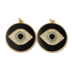 Черный Настоящие 18 k позолоченные латунные подвески с микропаве и кубическим цирконием, с прыгающим кольцом и эмалью, долговечный, плоские круглые с сглаза, чёрные, 33x30x4 мм, Перейти кольцо: 5x1 мм, 3 мм внутренним диаметром