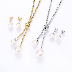 Mixed Color 304 Stainless Steel Jewelry Sets, Slider Necklaces and Stud Earrings, with Acrylic Imitation Pearl, Round, Mixed Color, Necklace: 23.62 inch(60cm), 2mm, Earrings: 20x8mm, Pin: 0.8mm