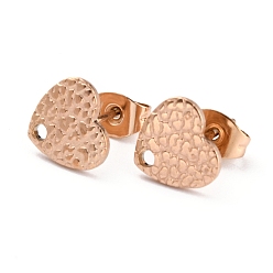 Rose Gold Ion Plating(IP) 304 Stainless Steel Stud Earring Findings, with Ear Nuts/Earring Backs and Hole, Textured Heart Shape with Fish Scale, Rose Gold, 8.4x9mm, Pin: 0.8mm
