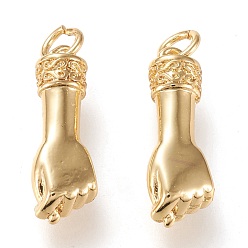 Golden Brass Pendants, with Jump Rings, Long-Lasting Plated, Fist, Golden, 20x6.5x4.5mm, Hole: 3.2mm