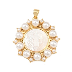 Virgin Натуральный белый цветок оболочки подвески, с латунной оправой и искусственным жемчугом из АБС-пластика, реальный 18 k позолоченный, долговечный, без кадмия и без свинца, стойки покрытие, девственница, 30.5x30x6 мм, отверстие : 5x3.5 мм