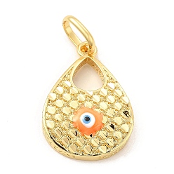 Orange Brass Pendants, with Enamel, Real 18K Gold Plated, Long-Lasting Plated, Teardrop with Evil Eye Charm, Orange, 34x23.5x6mm, Hole: 10x7mm