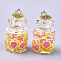 Yellow Glass Bottle Pendants, with Resin & Polymer Clay & Iron Findings, Lemon, Platinum, Yellow, 28~29x15mm, Hole: 2mm