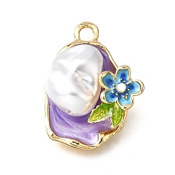 Фиолетовый Подвески из эмали и сплава, с ABS имитации жемчуга, овальные с цветком, стойки покрытие, долговечный, без свинца, без кадмии и без никеля, золотые, фиолетовые, 26.5x20.5x8.5 мм, отверстие : 3 мм