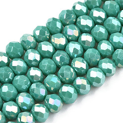 Light Sea Green Electroplate Glass Beads Strands, Pearl Luster Plated, Faceted, Rondelle, Light Sea Green, 10x8mm, Hole: 1mm, about 65~66pcs/strand, 20.8~21.2 inch(53~54cm)