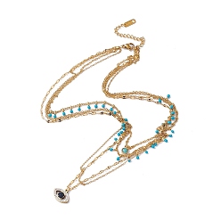 Golden Synthetic Turquoise & Rhinestone Horse Eye Pendants Multi Layered Necklace with Plastic Beaded, 304 Stainless Steel Bohemia Necklace for Women, Golden, 16.14 inch(41cm)