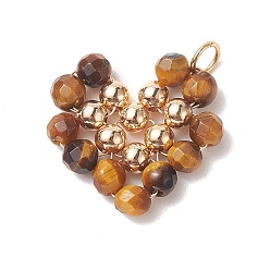 Tiger Eye Natural Tiger Eye Copper Wire Wrapped Pendants, Heart Charms, with Golden Tone Brass Beads, 22.5x22x4.5mm, Hole: 3.6mm