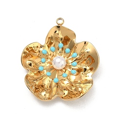 Голубой 304 подвески из нержавеющей стали, , с эмалью и абс пластика имитация жемчуга, вакуумное покрытие pvd, реальный 18 k позолоченный, голубой, 31x28x8.5 мм, отверстие : 1.8 мм