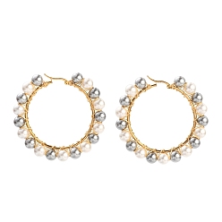 Colorful 304 Stainless Steel Hoop Earrings, Hypoallergenic Earrings, with Round Shell Pearl Beads, Ring Shape, Golden, Colorful, 60~61x64~65x8mm, Pin: 0.6x1mm