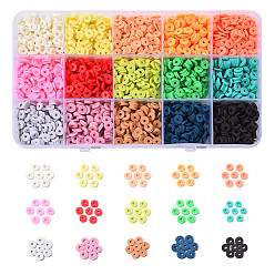 Mixed Color 2250Pcs 15 Colors Eco-Friendly Handmade Polymer Clay Beads, Disc/Flat Round, Heishi Beads, Mixed Color, 6x1mm, Hole: 2mm, about 150pcs/color