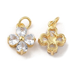 Clear Brass Pendants, with Cubic Zirconia, Lead Free & Cadmium Free, Clover Charms, Real 18K Gold Plated, Clear, 13x10x5mm, Hole: 3.4mm