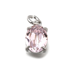 Pink Овальная латунь со стеклянными подвесками, одиночные каменные прелести, без кадмия и без свинца, долговечный, стойки покрытие, платина, розовые, 10x6x4.5 мм, отверстие : 2 мм