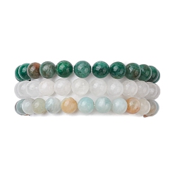 Mixed Stone 3Pcs 3 Styles Natural Mixed Gemstone Round Beaded Stretch Bracelets Set, Inner Diameter: 2 inch(5.05~5.15cm), 1Pc/style