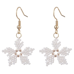 White Glass Seed Braided Snowflake Dangle Earrings, Golden 304 Stainless Steel Wire Wrap Christmas Earrings for Women, White, 42mm, Pin: 0.7mm
