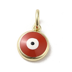 FireBrick Brass Enamel Charms, with Jump Ring, Real 18K Gold Plated, Flat Round with Evil Eye Charm, FireBrick, 11x9x3.5mm, Hole: 3.6mm