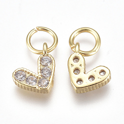 Clear Brass Micro Pave Cubic Zirconia Charms, with Jump Ring, Long-Lasting Plated, Real 18K Gold Plated, Heart, Clear, 6x8x2mm, Hole: 3mm