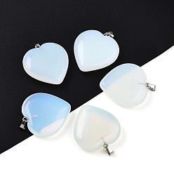 Опал Opalite подвески, с защелкой из нержавеющей стали на поручнях, сердце, цвет нержавеющей стали, 31x30x8 мм, отверстие : 5.5x2.5 мм