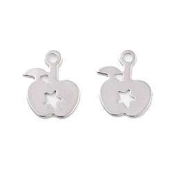 Real Platinum Plated Brass Pendants, Apple with Star Charms, Real Platinum Plated, 8x6x0.2mm, Hole: 1mm