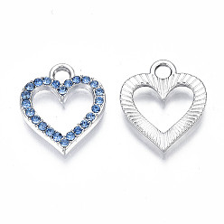 Light Sapphire Alloy Charms, with Rhinestone, Cadmium Free & Lead Free, Heart, Light Sapphire, 17x15x2mm, Hole: 2.5mm