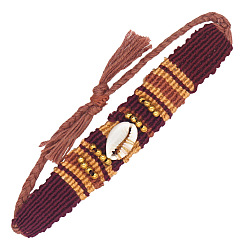 X-B210025A Handmade Knitted Cotton Thread Colorful Couples Bracelet with Bohemian Ethnic Style Shell Beads