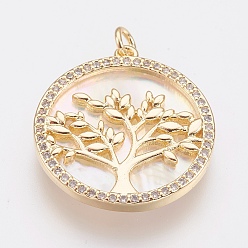 Golden Brass Micro Pave Cubic Zirconia Pendants, with White Shell, Lead Free & Cadmium Free, Flat Round with Tree of Life, Golden, 24x22x3mm, Hole: 2.5mm