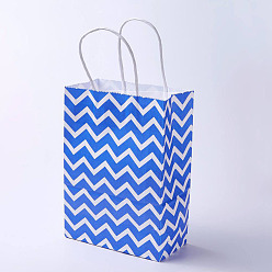 Dodger Blue kraft Paper Bags, with Handles, Gift Bags, Shopping Bags, Rectangle, Wave Pattern, Dodger Blue, 21x15x8cm