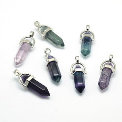 Fluorite Natural Fluorite Bullet Double Terminated Pointed Pendants, with Platinum Plated Alloy Findings, 38~41x13x10mm, Hole: 5x3mm