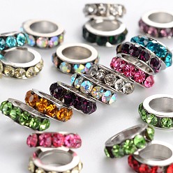 Mixed Color Brass Rhinestone Spacer Beads, Grade A, Platinum Metal Color, Mixed Color, 8x2.5mm, Hole: 5mm
