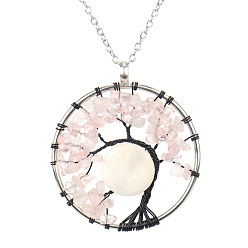 Rose Quartz Natural Rose Quartz Chips Tree of Life Pendant Necklaces, Brass Wire Wrap Necklace with Alloy Chains, 20.47 inch(52cm)