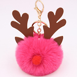 Hot Pink Christmas Deer Antler Pom-Pom Keychain with Plush Elk Charm for Women's Handbag Gift