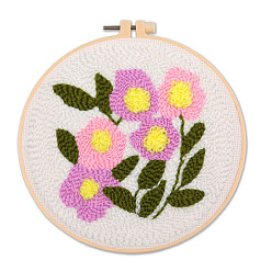 Flower DIY Punch Embroidery Kits, Including Printed Cotton Fabric, Embroidery Thread & Needles, Embroidery Hoop, Flower Pattern, 300x300mm