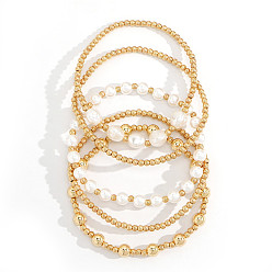 Real 14K Gold Plated Imitation Pearl & CCB Plastic Round Beaded Stretch Bracelet Sets for Women, Adjustable Stackable Bracelets, White, Real 14K Gold Plated, 6.89 inch(17.5cm), 5pcs/set