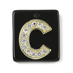 Letter C Природные подвески обсидиана, прямоугольные подвески с латунной микропаве прозрачной кубической циркониевой буквой, реальный 18 k позолоченный, долговечный, стойки покрытие, буква С, 21x18x5 мм, отверстие : 1.4 мм
