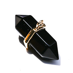 Obsidian Natural Obsidian Faceted Bullet Pendants, Double Terminal Pointed Charms with Golden Tone Alloy Findings, 15x35mm