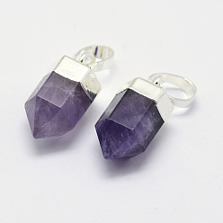 Amethyst Natural Amethyst Pointed Charms, with Brass Findings, Long-Lasting Plated, Bullet, Silver, 15x6~6.5mm, Hole: 3.5x6mm